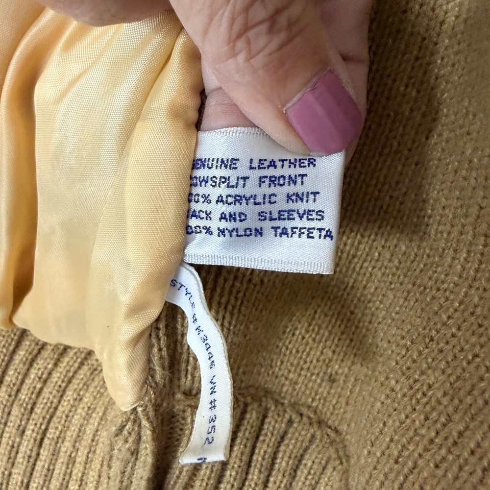 Vintage men’s Repage mustard, leather & knit, shawl neck, button-down cardigan M - Picture 6 of 7